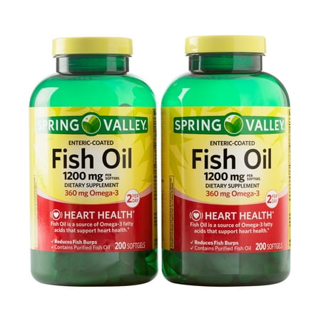 Spring Valley Enteric-Coated Fish Oil Omega-3 Heart Health Dietary Supplement Softgels Twin Pack, 1200 mg, 400 Count