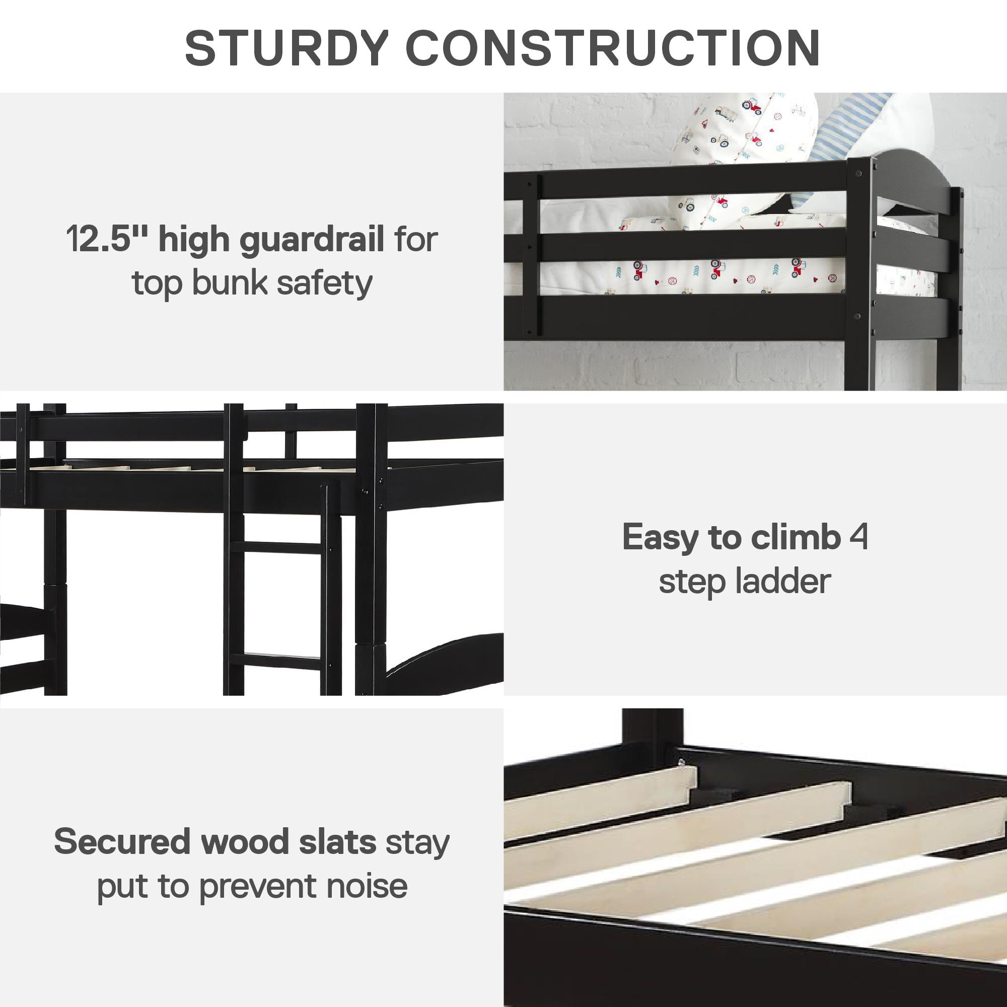 Better Homes & Gardens Leighton Kids Solid Wood Twin-over-Twin Convertible Bunk Bed with Ladder and Guardrails, Black