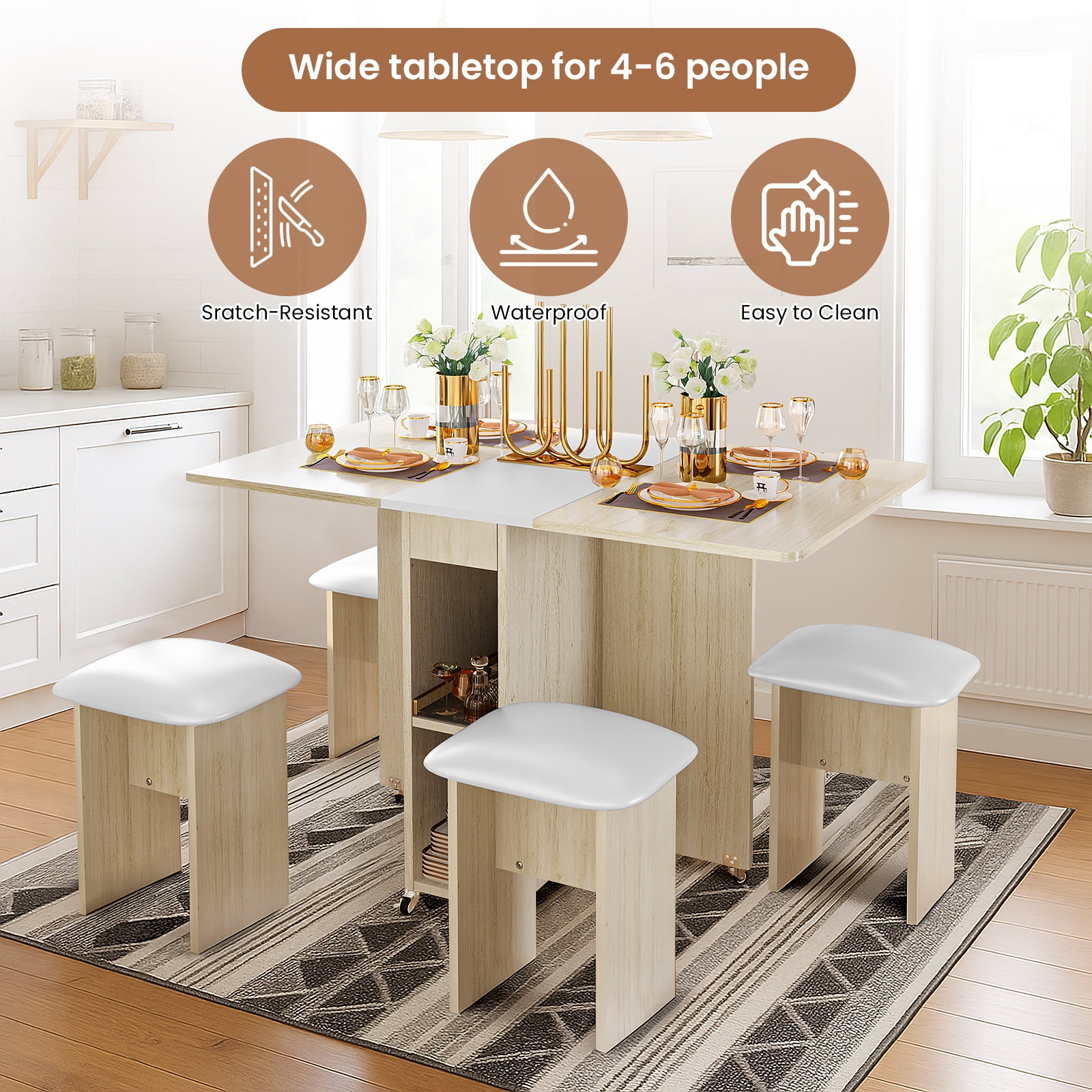 Baxluxe Folding Kitchen Table with Chairs,Dining Table Set for 4,Drop Leaf Table with 6 Wheels,Expandable Dining Table,Multifunction Expandable Table for Living Room, Folding Kitchen Table