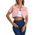 thumbnail image 1 of Chaqueta de mezclilla recortada de manga corta con cuello vuelto para mujer INSPIRE CHIC, color rosa, talla XS, 1 of 6