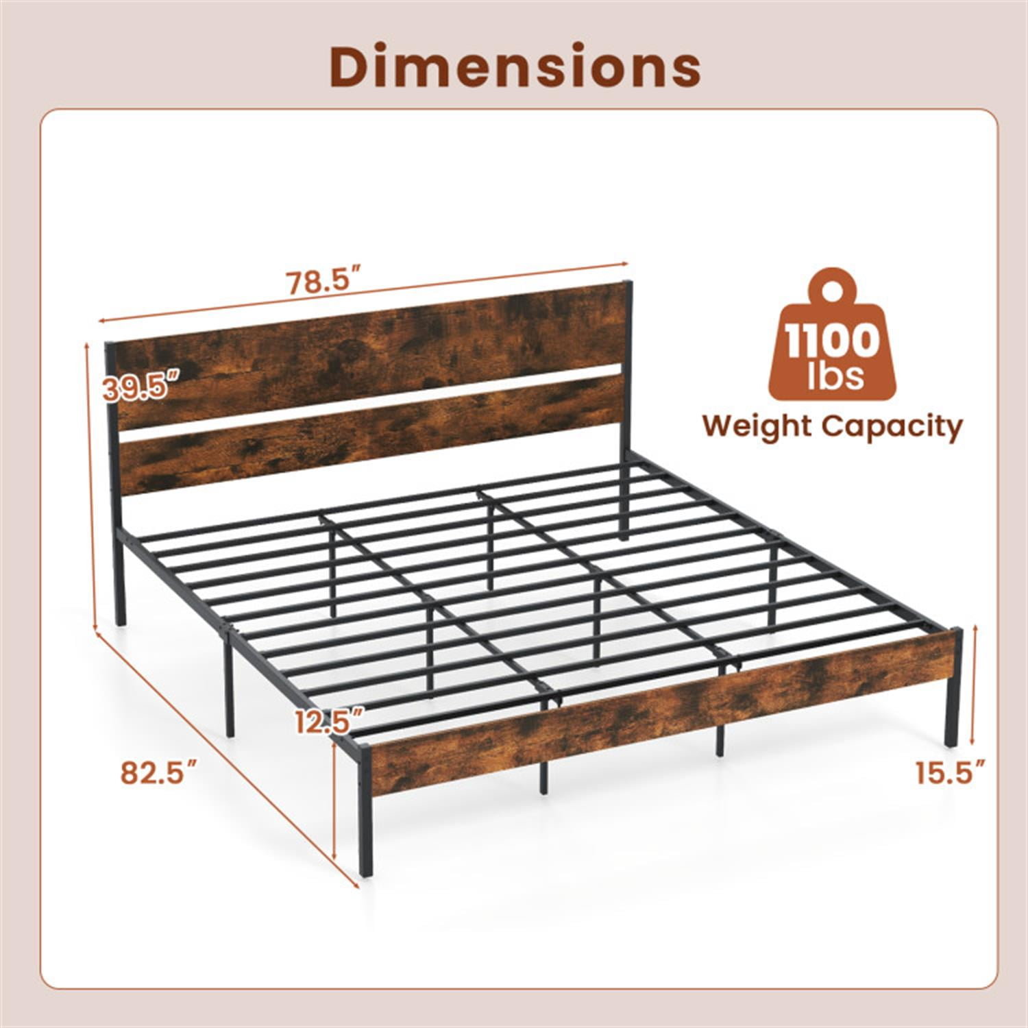 Demi Bonn King Size Bed Frame with Wooden Headboard and Footboard, Modern Metal Platform Bed Frame with Under Bed Storage, No Box Spring Needed, Brown