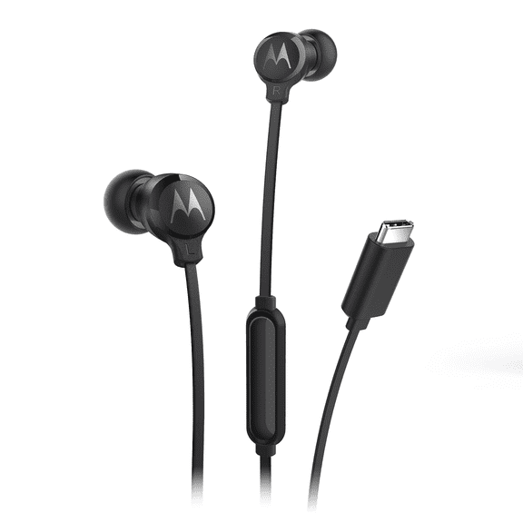 Motorola Sound 3C-S Wired Earbuds with Mic, USB-C, for iPhone & Android, Tangle-Free Flat Cable, Clear Bass – Black