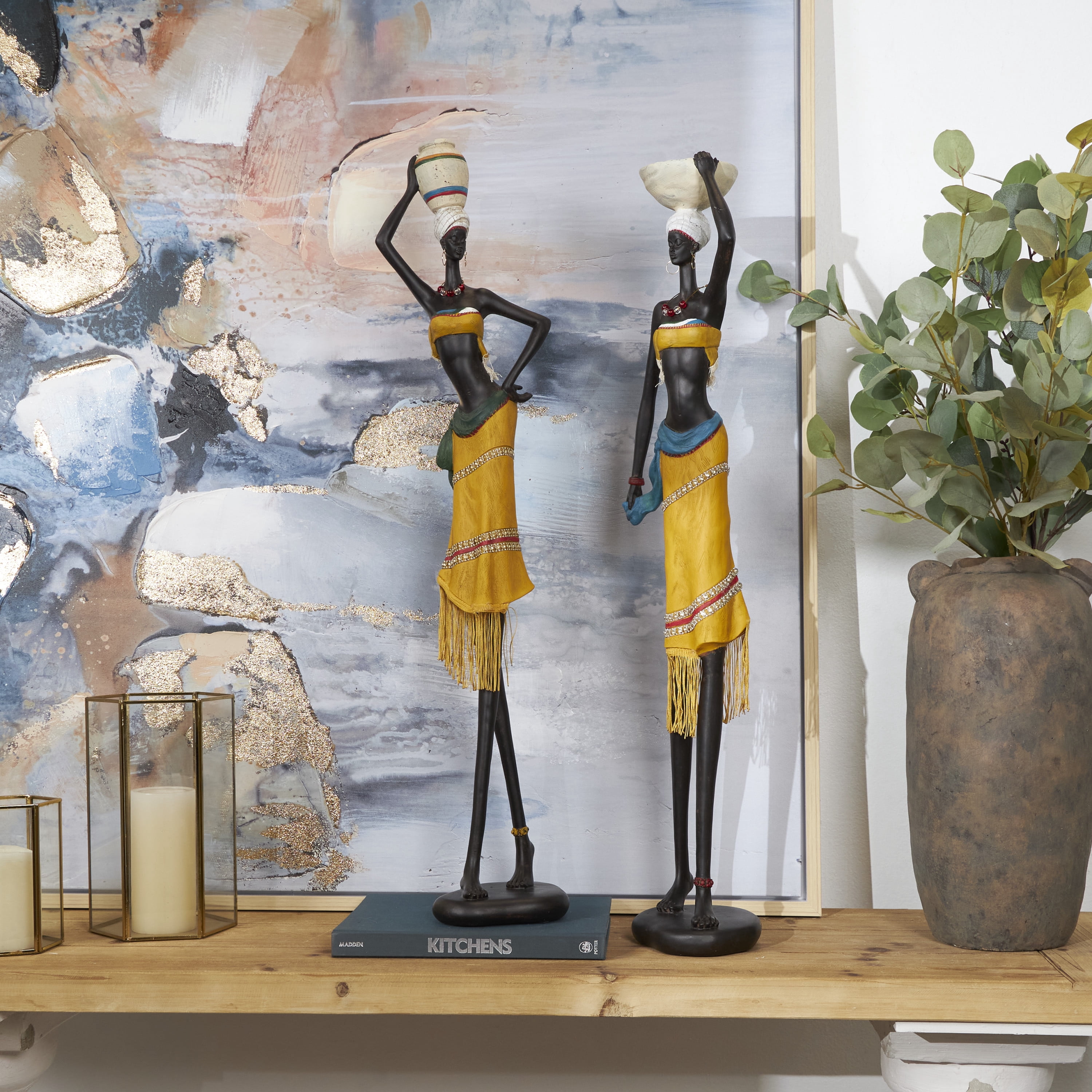 32", 33"H Yellow Polystone Handmade African Woman People Sculpture with Water Jugs and Jeweled Details, by DecMode (2 Count)