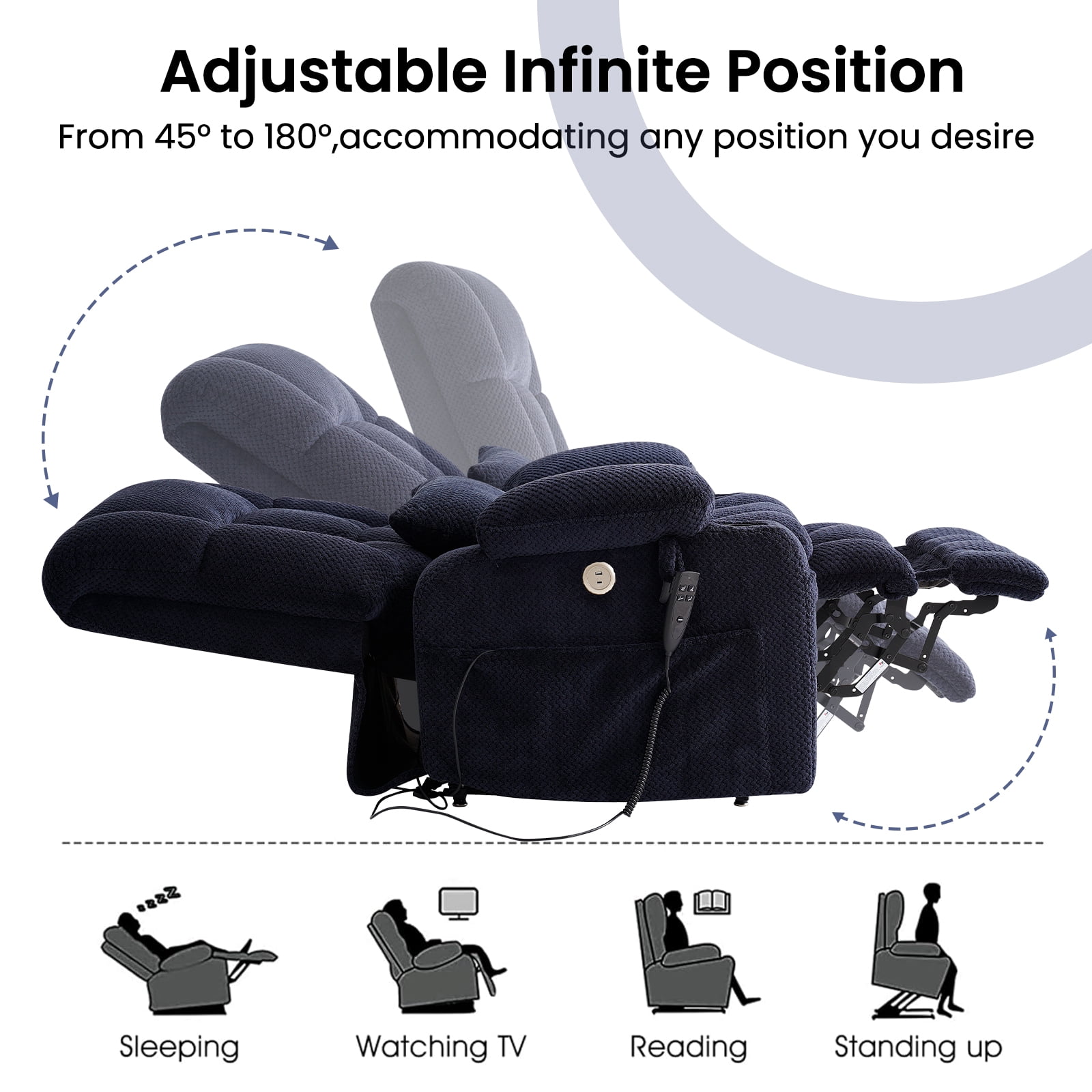 Oversized Power Lift Recliner Chair for Adults with Massage and Heat, Infinite Position Lay Flat Lift Chair for Elderly/Seniors, One-Touch Reset, USB&Type-C, Cup Holders, Lumbar Pillow, Blue