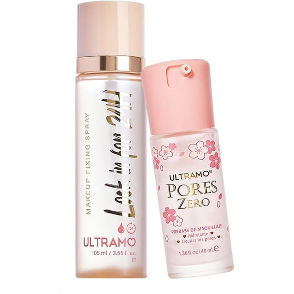 Kit Primer Pores Zero y Spray Fijador de Maquillaje 24H Poros Difuminados y Fijación de Larga Duración ULTRAMO