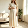 thumbnail image 6 of UKHCCC Women's Maternity Maxi Dress, Short Sleeve Crew Neck A-Line Waffle Texture Stretchy High Waist Long Dress for Casual Pregnancy Wear, 6 of 9
