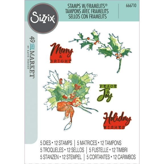 Sizzix Stamp Set with Framelits Dies, Pencil Line Holly by 49 & Market