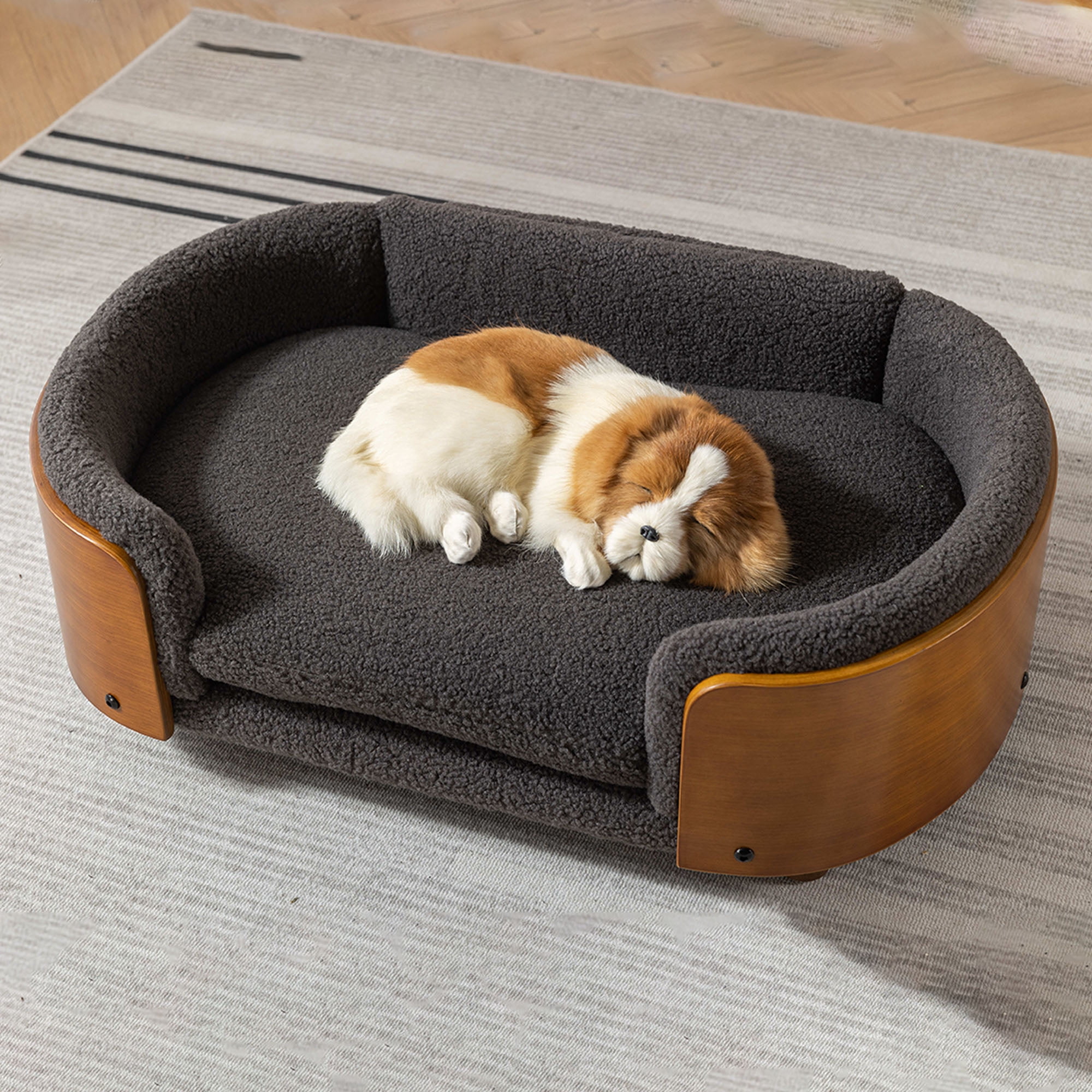 Pefilos 30" Elevated Pet Dog Bed with Solid Wood Legs and Walnut Bent Wood Back, Cashmere Cushion, Pet Sofa for Indoors Dogs, Gray Pefilos 30" Elevated Pet Dog Bed with Solid Wood Legs and Walnut Bent Wood Back, Cashmere Cushion, Pet Sofa for Indoors Dogs, Gray
