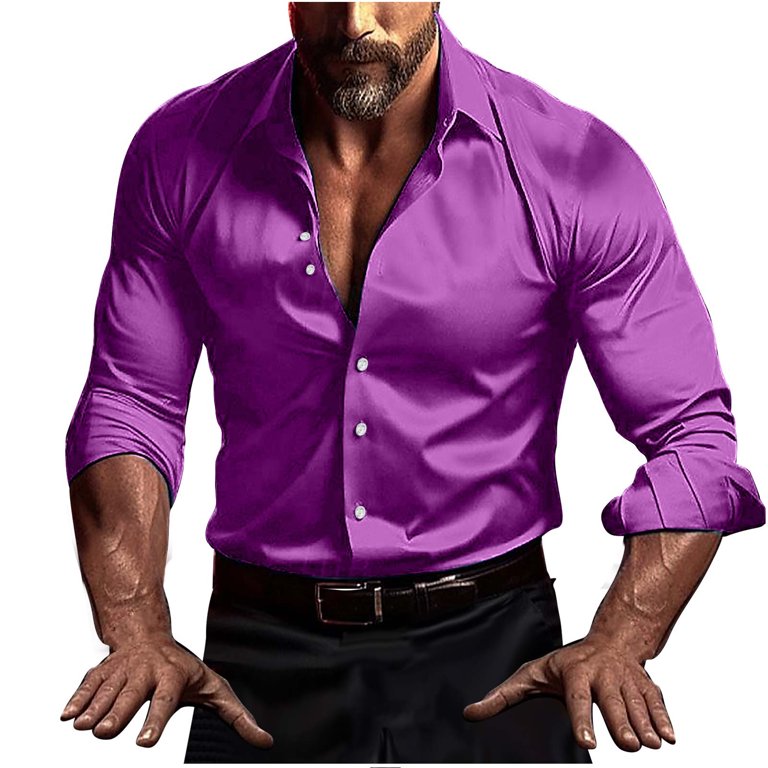 Ohmzyzo Men's Shiny Silk Satin Shirts Long Sleeve Button Down Dress Shirt Casual Slim Fit Muscle Formal Party Prom Wedding Shirts Purple S, Size: Ohmzyzo Men's Shiny Silk Satin Shirts Long Sleeve Button Down Dress Shirt Casual Slim Fit Muscle Formal Party Prom Wedding Shirts Purple S, Size: