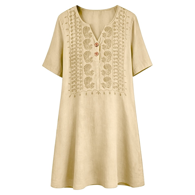 embroidered linen-blend mini dress Ygbgbb Women's Embroidered Linen-Blend Mini Dress, V-Neck Short Sleeve,  Casual Fashion Loose Tunic Dress Beige M