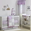 The Peanut Shell 3 Piece Baby Crib Bedding Set - Purple and Grey Woodland and Geometric Patchwork - 100% Cotton Quilt, Crib Skirt and Sheet