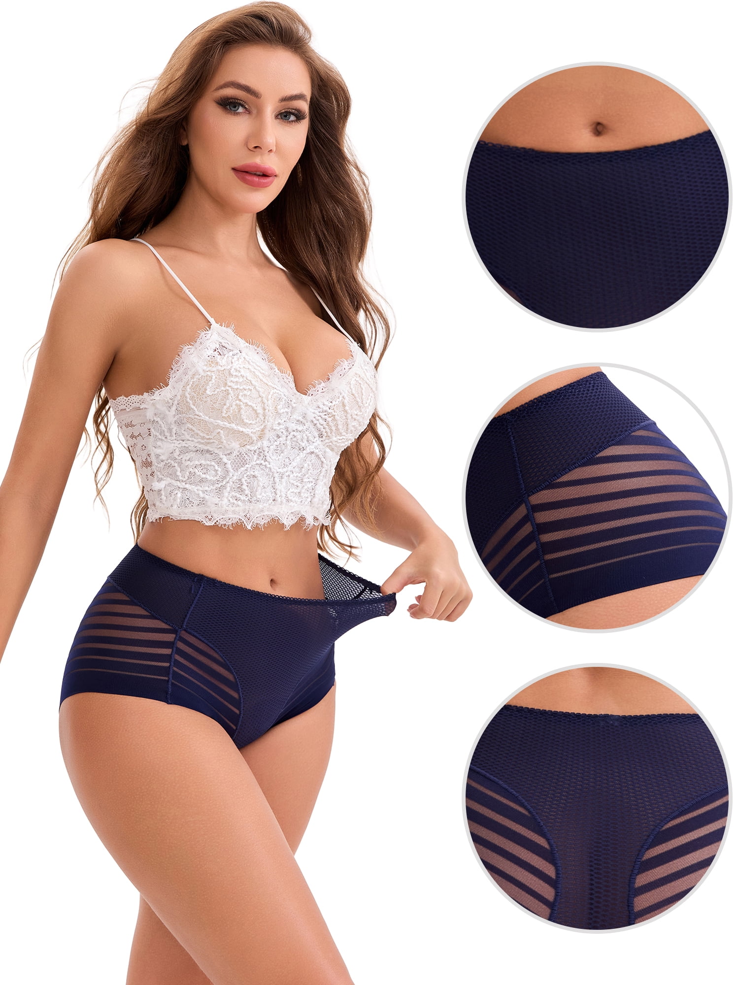 DARING DIVA Women's Lace Mesh High Waisted Invisible Tummy Control Panties XL Dark Blue