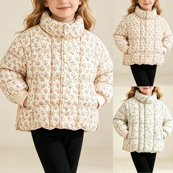 YUANxueke Girls Printed Puffer Jacket Long Sleeve Button Down Stand Collar Thickened Warm Winter Jacket,Blue,2-3Years