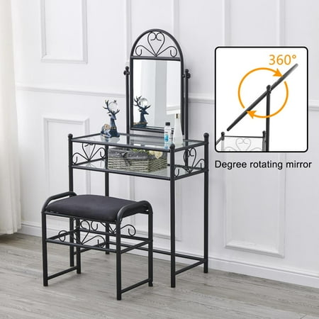 Glass Vanity Table Zimtown Makeup Vanity Dressing Table with Shelf and Upholstered Stool,Iron & Tempered Glass,Black ()
