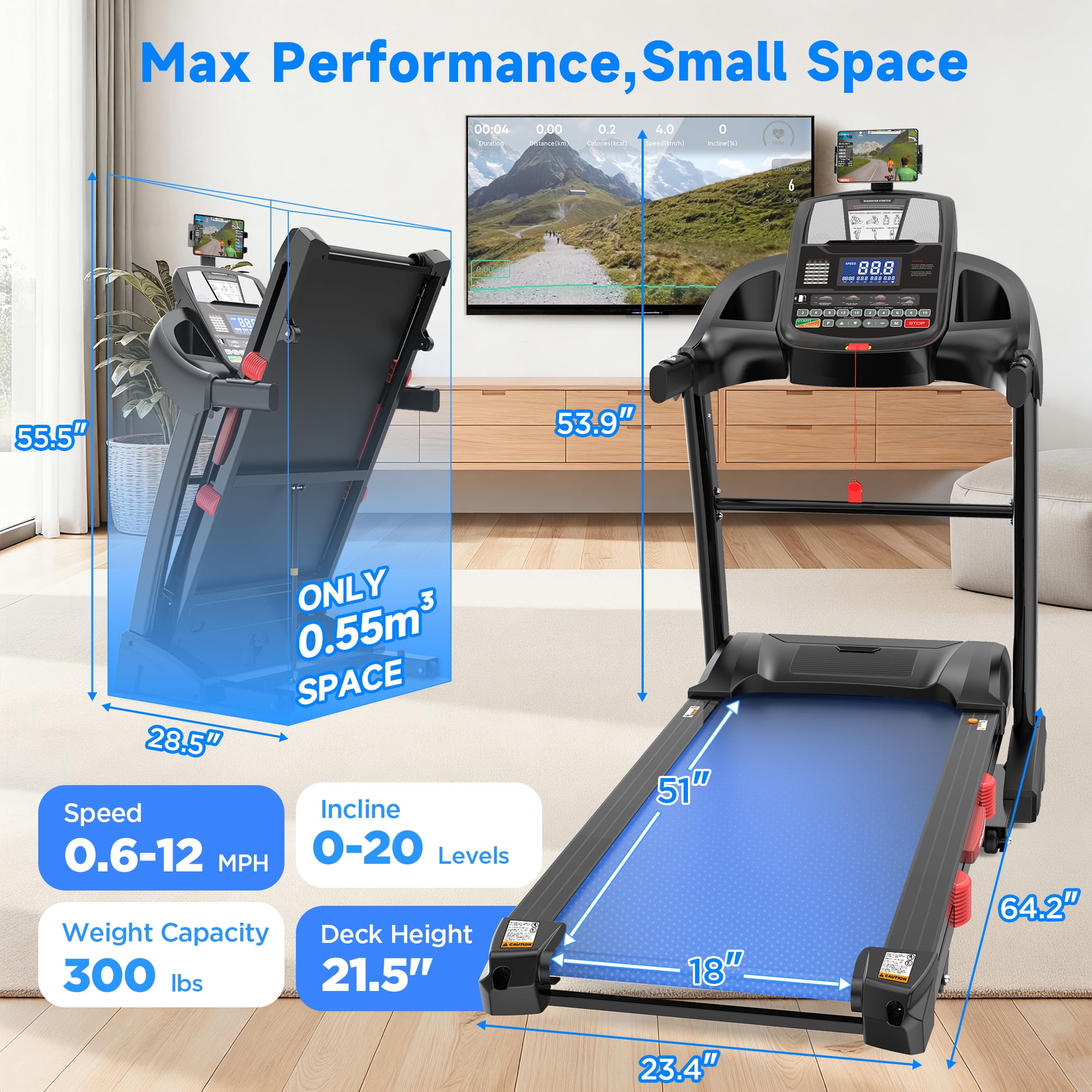 4.5HP Folding Treadmill for Home with 15 Auto Incline, Smart APP, 300lbs, HiFi Bluetooth Speakers, 64 Programs, 10MPH Speed, Foldable EleTreadmill Running Machine, Knee Strap Gift