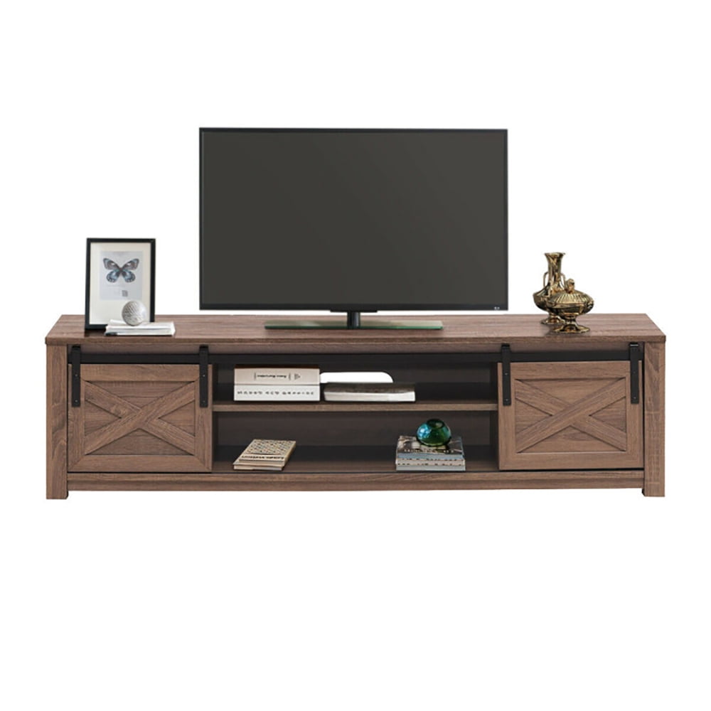 Finihen TV Stand, TV Cabinet, 65 Inch Flat Sliding Barn Door TV Stand, Media Entertainment Center with Storage, for Living Room, Bedroom, Walnut