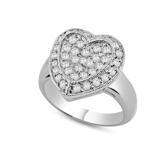 Rhodium Plated 925 Sterling Silver Pave Set Clear CZ Solid Heart Ring White Female Size 5