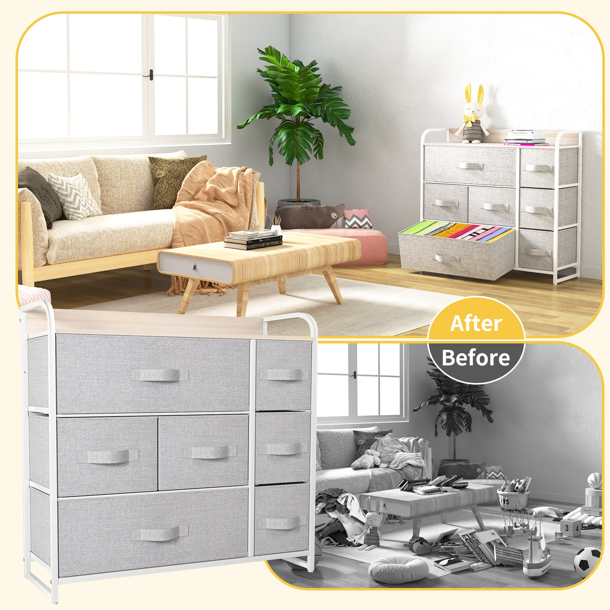 Uforic Fabric Storage Dresser with 7 Drawers Steel Frame & Wooden Top Versatile Organizer for Bedroom, Living Room, Hallway & Closet Light Gray