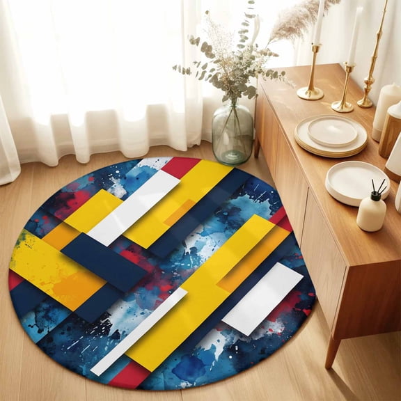 Round Rugs 3Ft, Yellow Blue Red Geometric Round Area Rug Washable Indoor Throw Carpet, Modern Color Splash Small Non Slip Circle Rug for Bedroom Living Room Home Decor Aesthetic