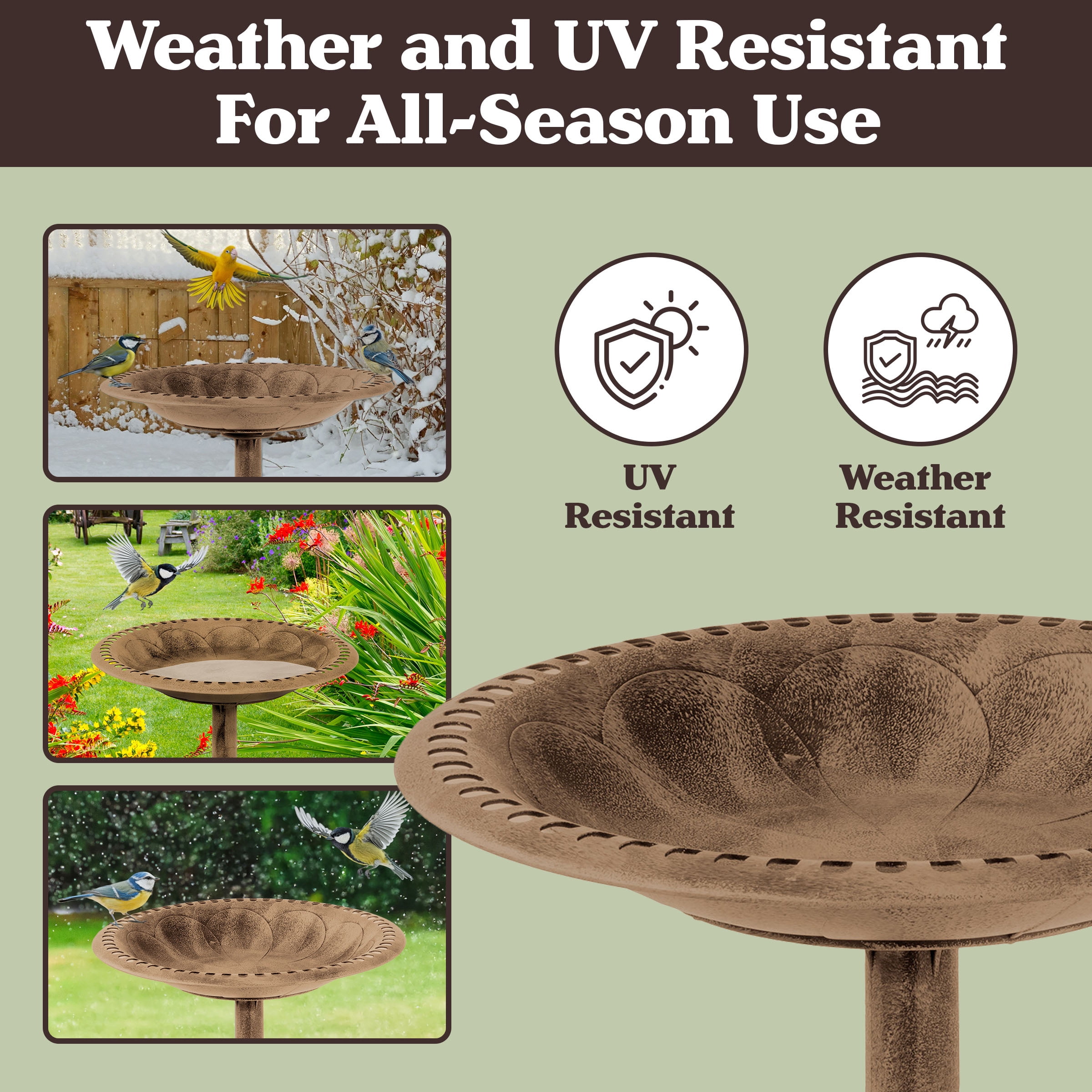 Pure Garden Antique Bird Bath – 28.75” Weather-Resistant Pedestal Bowl with Stakes, Bronze