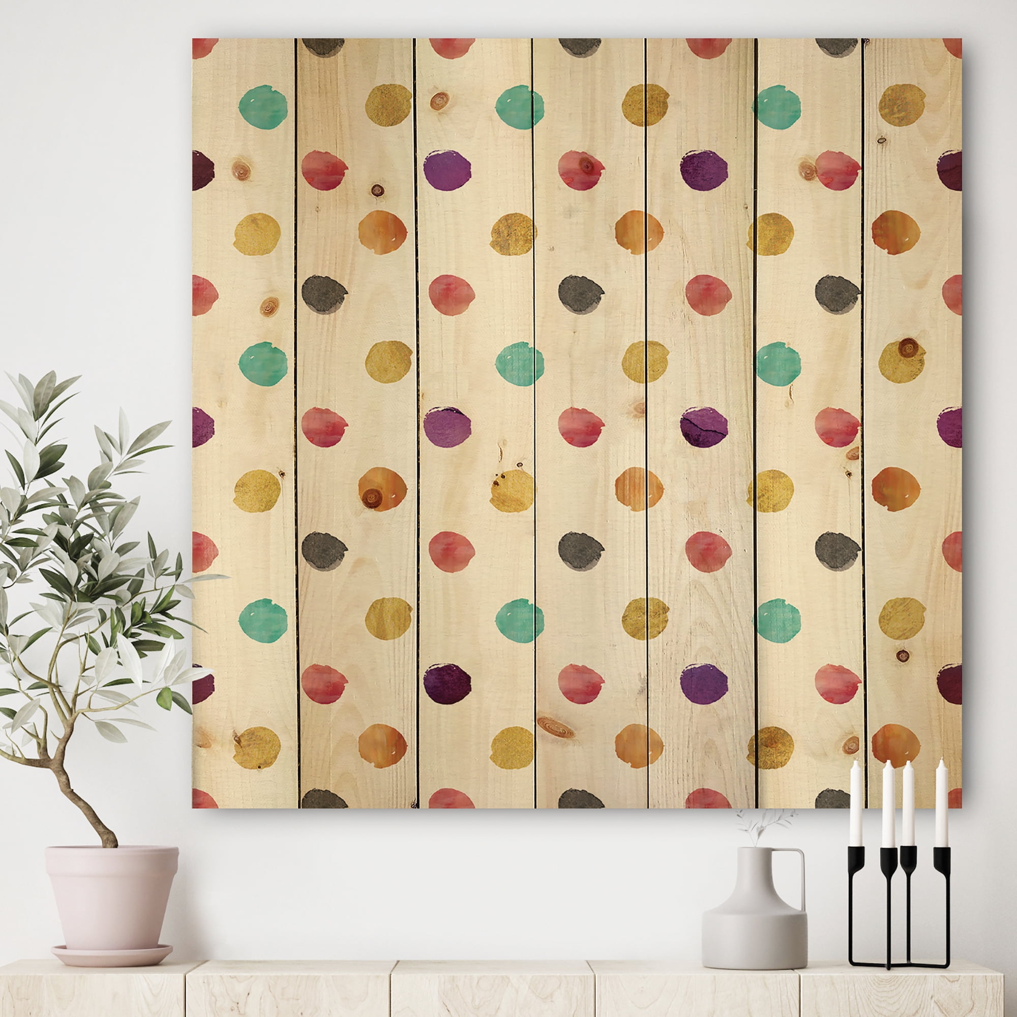 Designart 'Orange Blue and Purple Polka Dot Pattern' Transitional Print on Natural Pine Wood