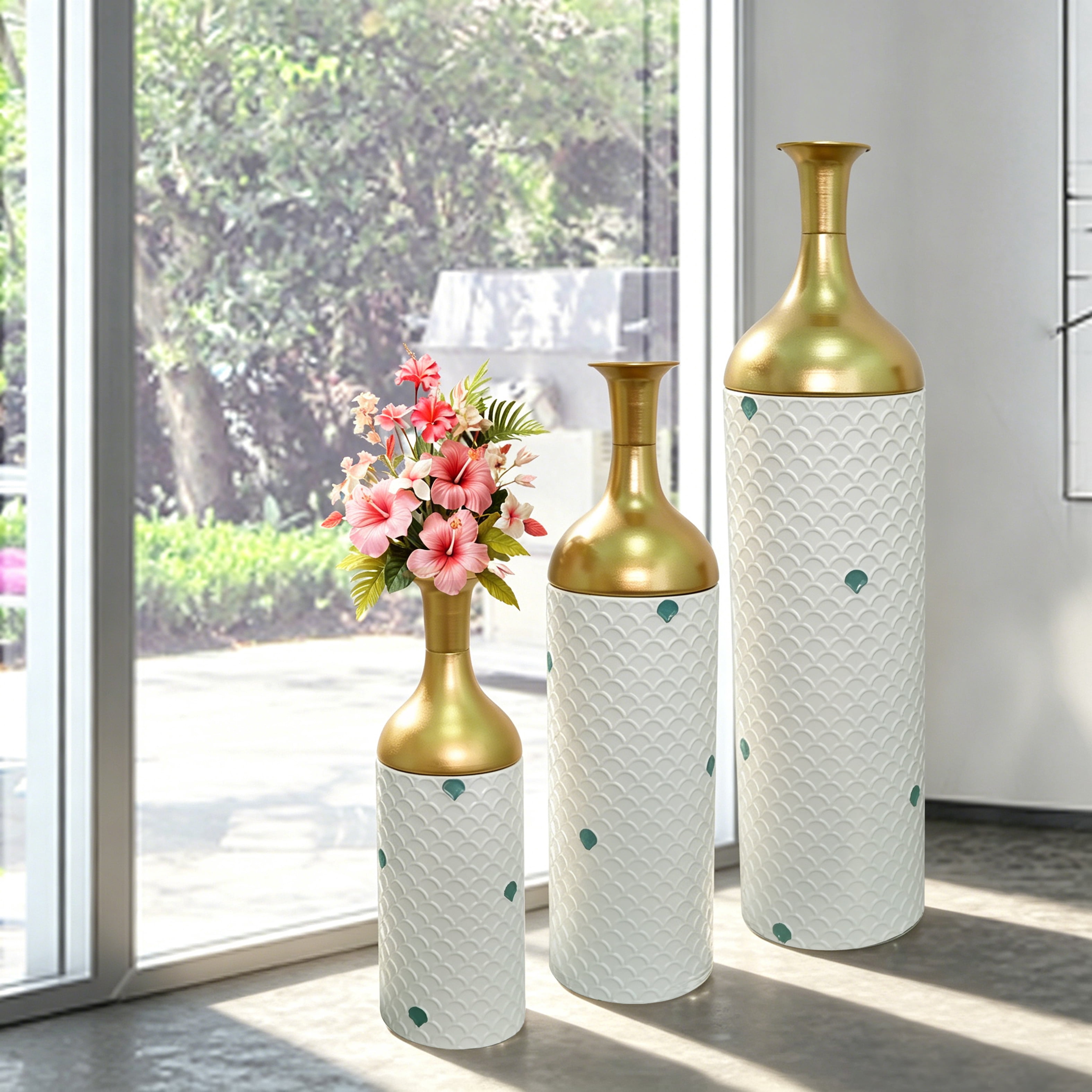 Metal Floor Vases Set of 3 with Leaf Pattern, Tall Decorative Vases and Home Decor Accents for Living Room Entryway, White and Gold