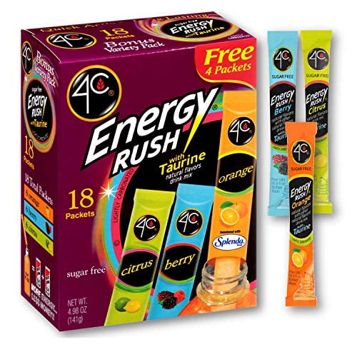 4C Energy Rush Drink Mix - Pack of 2 Boxes - 18 Packets Each - Makes 36 Servings - 6 Orange, 6 Berry, 6 Citrus Packets - Bonus Variety Pack -Net Wt. 4.987 OZ (141g) Each Box