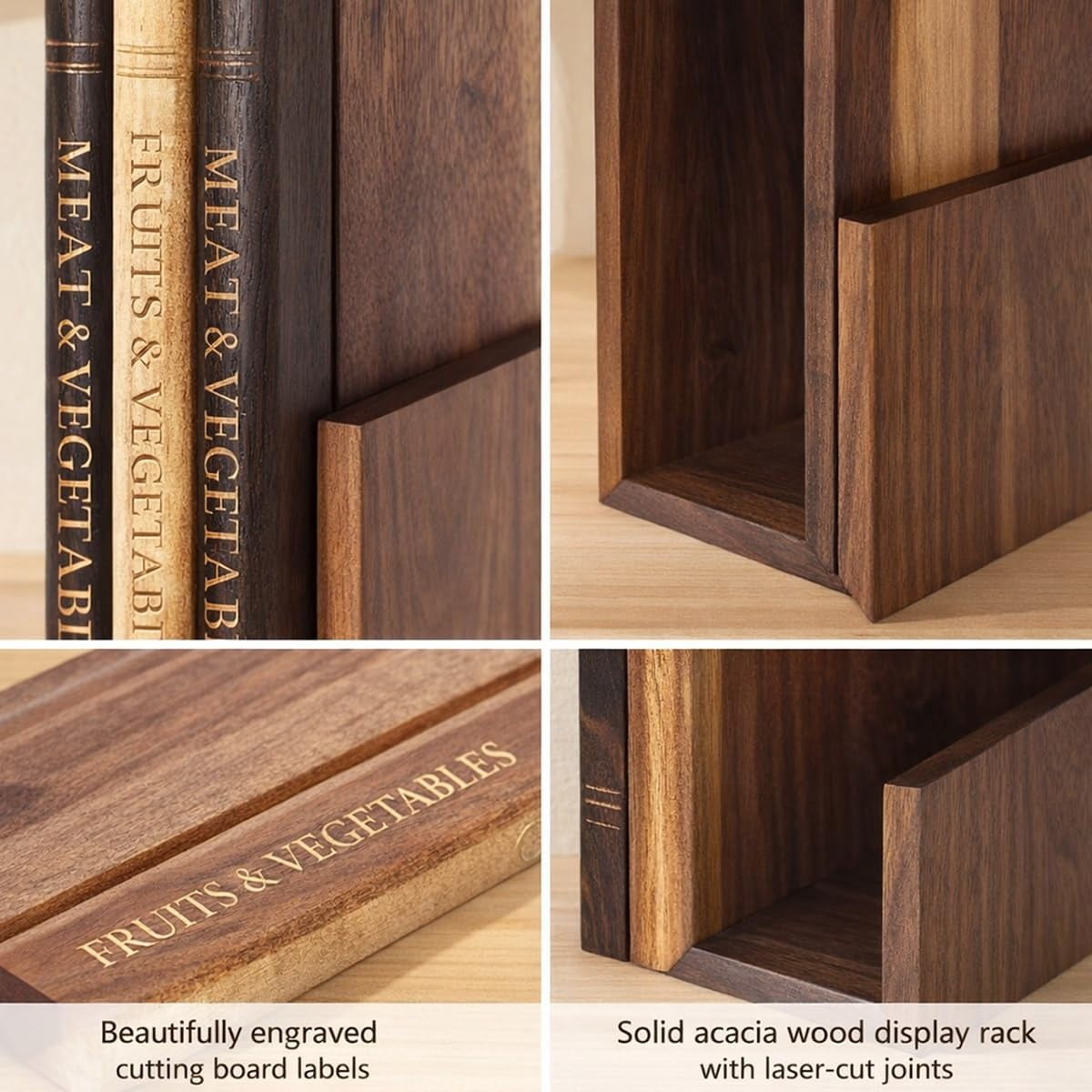 3-Pack Book Shaped Acacia Wood Cutting Board Set with Stand for Kitchen Meal Prep