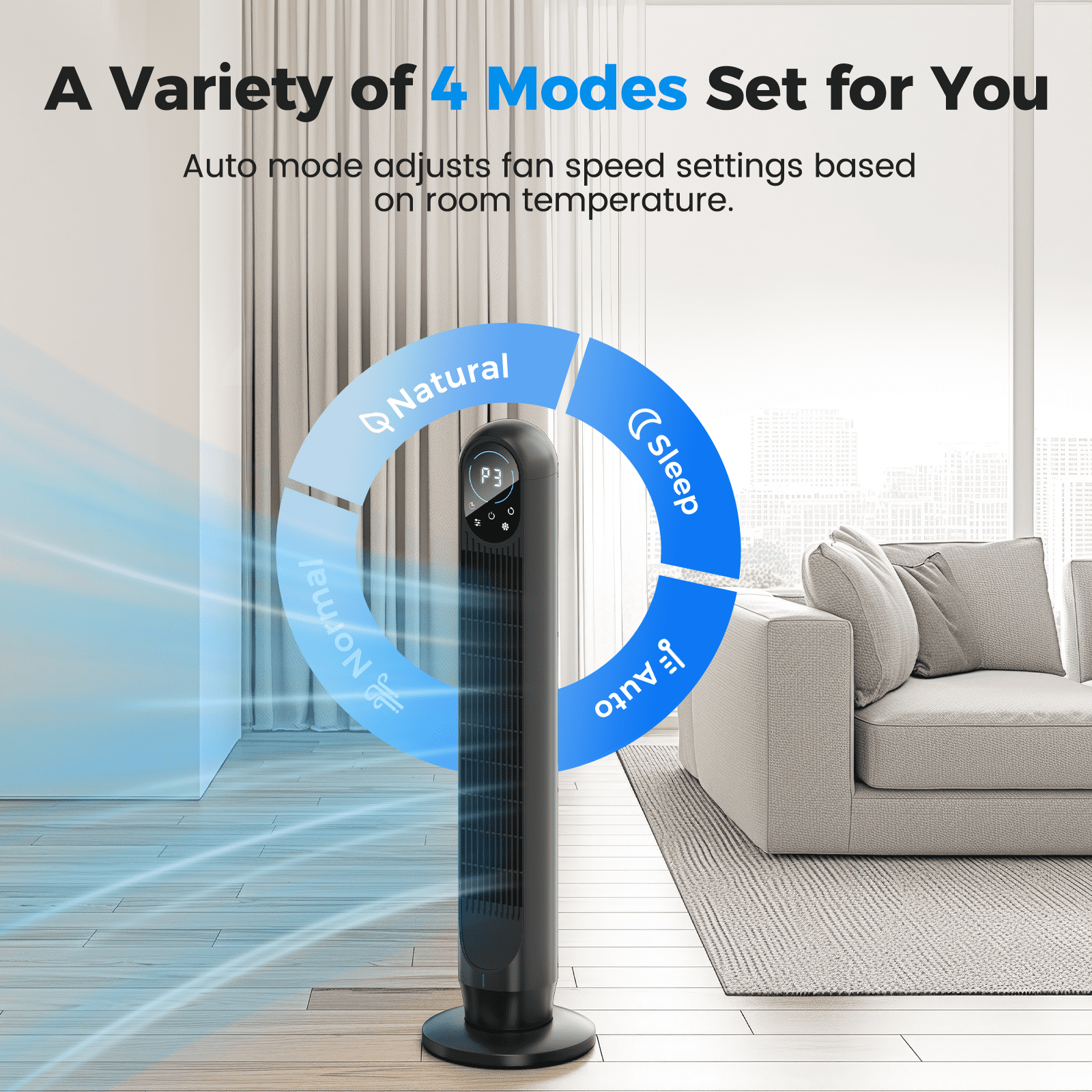 Tower Fan with Remote, 31" Bladeless Floor Fans for Home, 4 Modes & 4 Speeds, 12H Timer, LED Display, 80° Oscillating Wide Cooling for Bedroom, Office