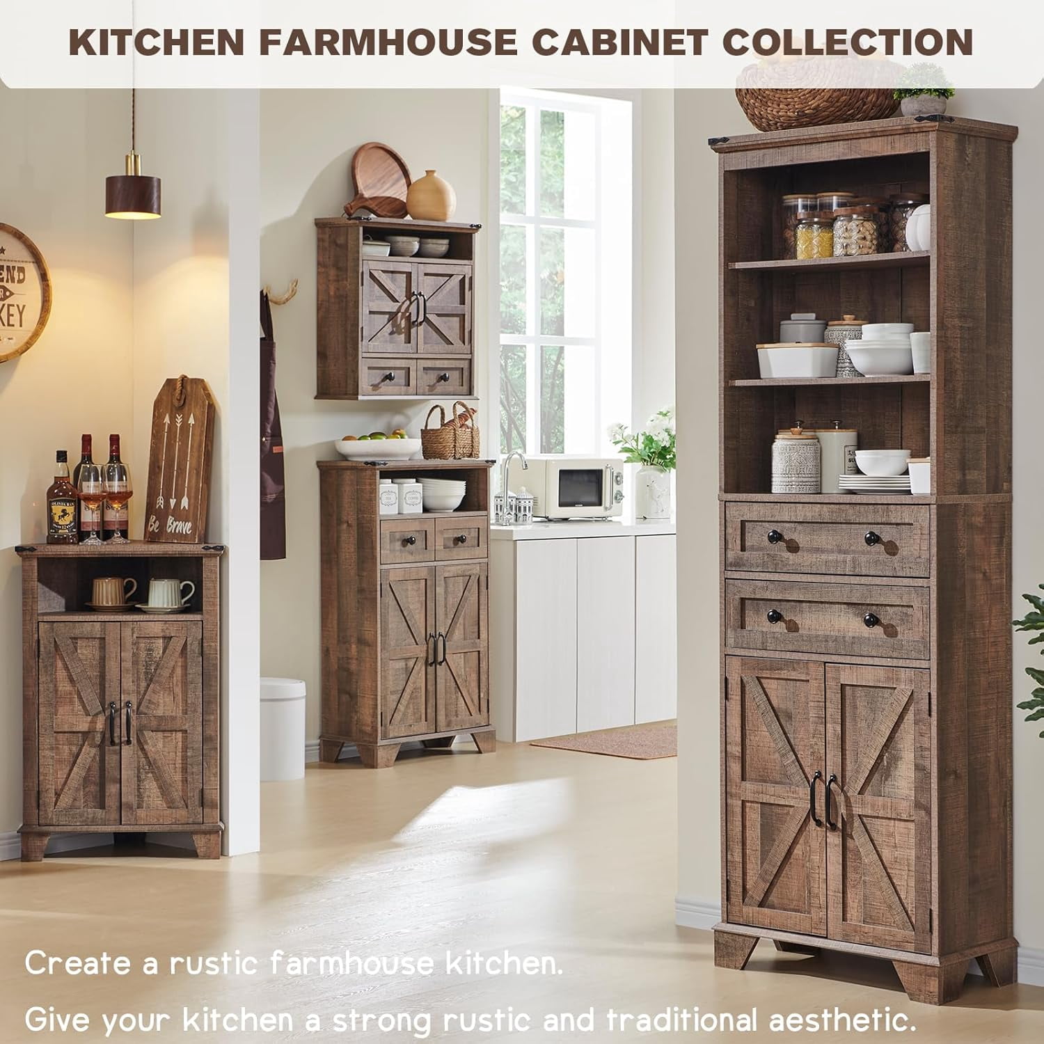 ZYPPP Bathroom Wall Cabinet, Farmhouse 24" Wide Medicine Cabinet with Drawer, Adjustable Shelf, Double Barn Doors, Storage Cabinets for Bathroom, Kitchen, Living Room, Rustic Brown