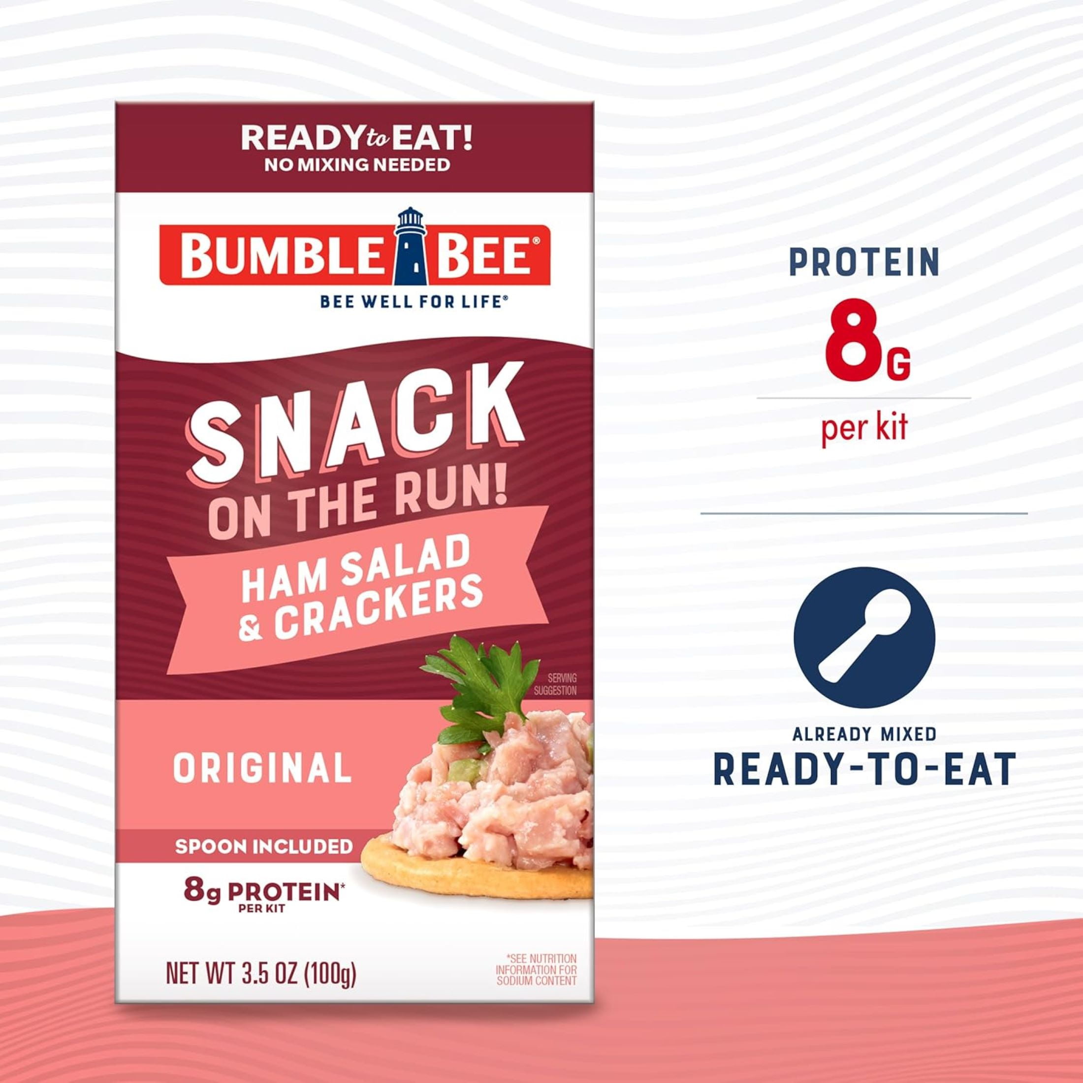 (3 pack) Bumble Bee Snack on The Run Ham Salad with Crackers Kit, 8g Protein Per Serving, Ready to Eat, Spoon Included, Shelf Stable Box, 3.5 oz