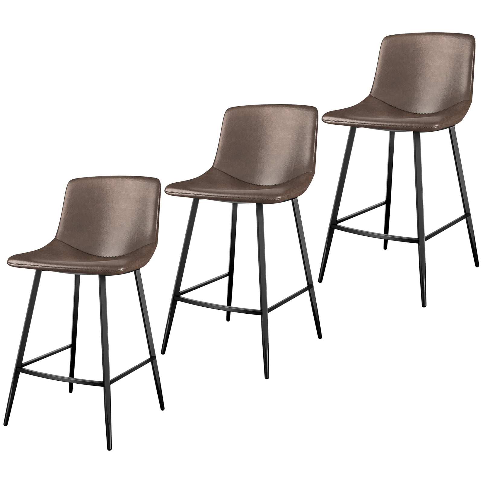 TAVR Furniture 600 lbs Counter Height Bar Stools Set of 3, 24 inch Faux Leather Barstools with Back, Bar Chairs with Metal Legs for Kitchen Island, Dining Room, Brown