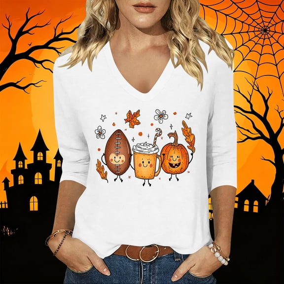 JOANKDMI Cute Pumpkin and Football Graphic T Shirts Women V Neck Top Fall Season Thanksgiving Outfit Funny Coffee Print Long Sleeve Casual Holiday Apparel for Halloween Party