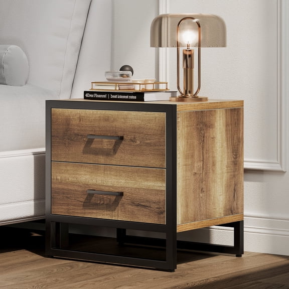 Dextrus Modern Nightstand End Side Table with 2 Drawers and Metal Frame for Bedroom Living Room, Brown and Black