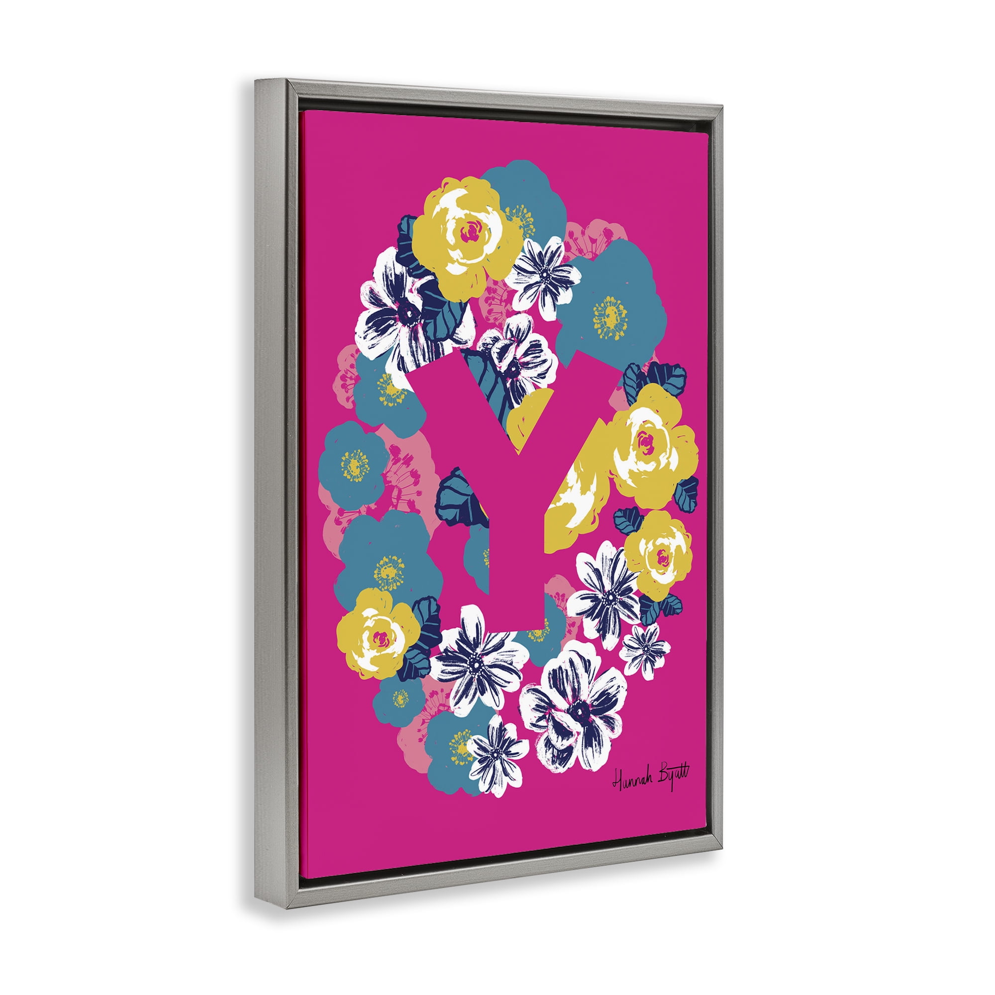 Stupell Industries Floral Bloom Letter Y Botanical & Floral Painting Gray Floater Framed Art Print Wall Art, 17 x 25