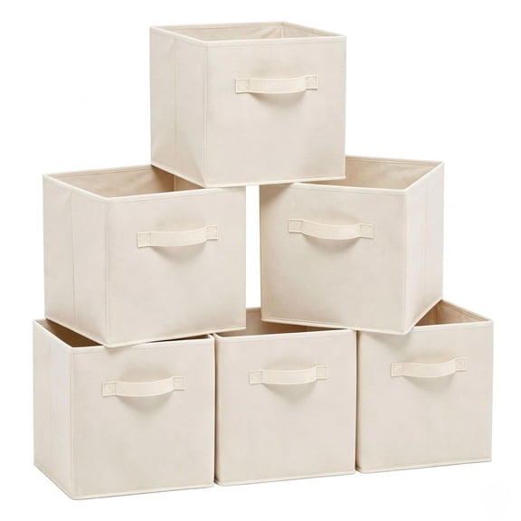 Cube Storage Bins, Collapsible Fabric Baskets, Clothes Organizer with Handles, 11 Inch Sturdy Stackable Shelves Containers for Toys & Books, Beige, 6-Pack