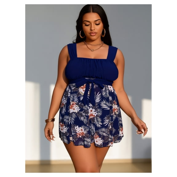 Plus Size Swimsuits for Women Tankini Sets Two Piece Bathing Suits Flowy Swim Dress with Shorts Tummy Control Swimwear 14W-30W