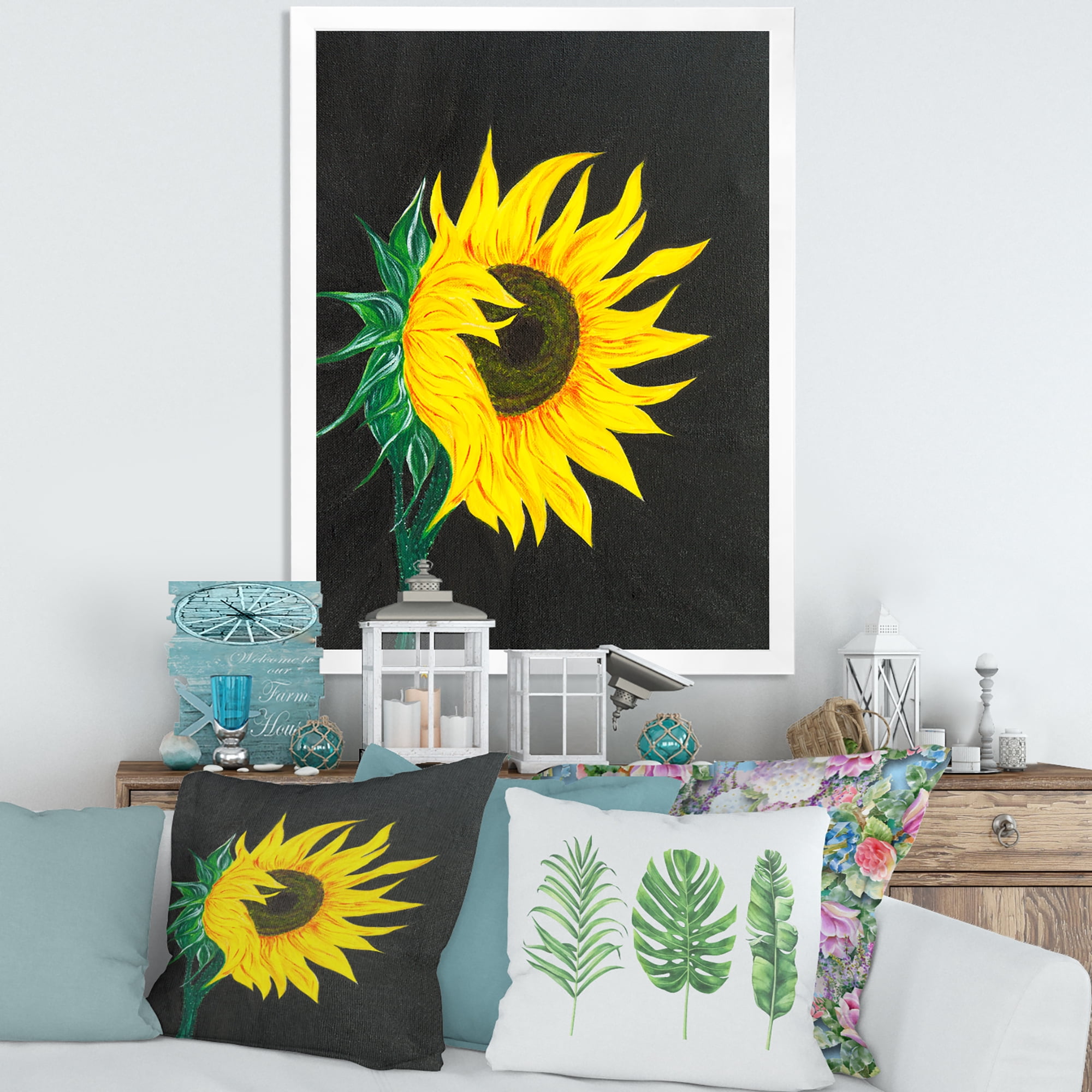 Designart 'Yellow Sunflower On Black' Traditional Framed Art Print
