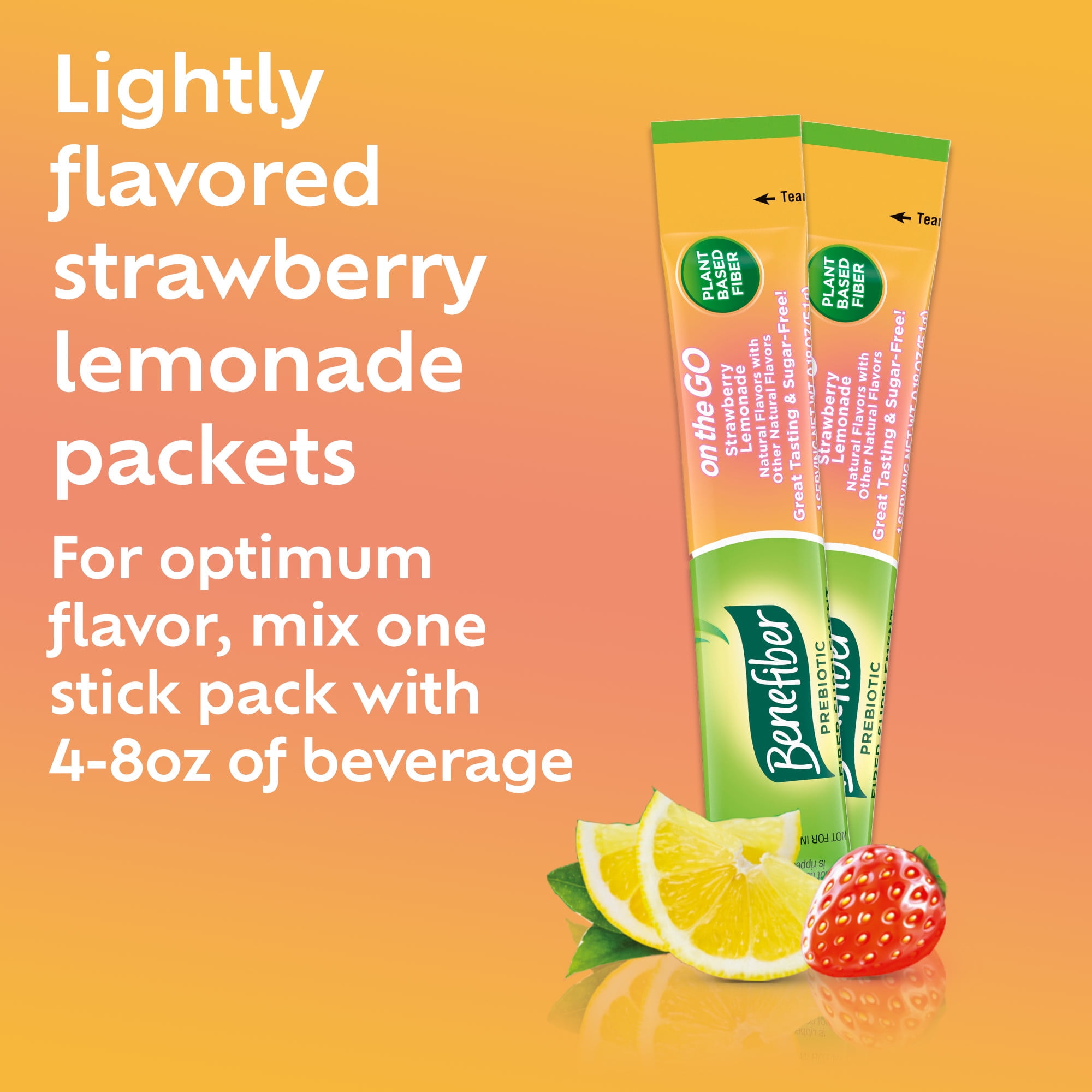 Benefiber Prebiotic Glp-1 Friendly Fiber Supplement, Strawberry Lemonade, on The Go Stick packs, 24 Count