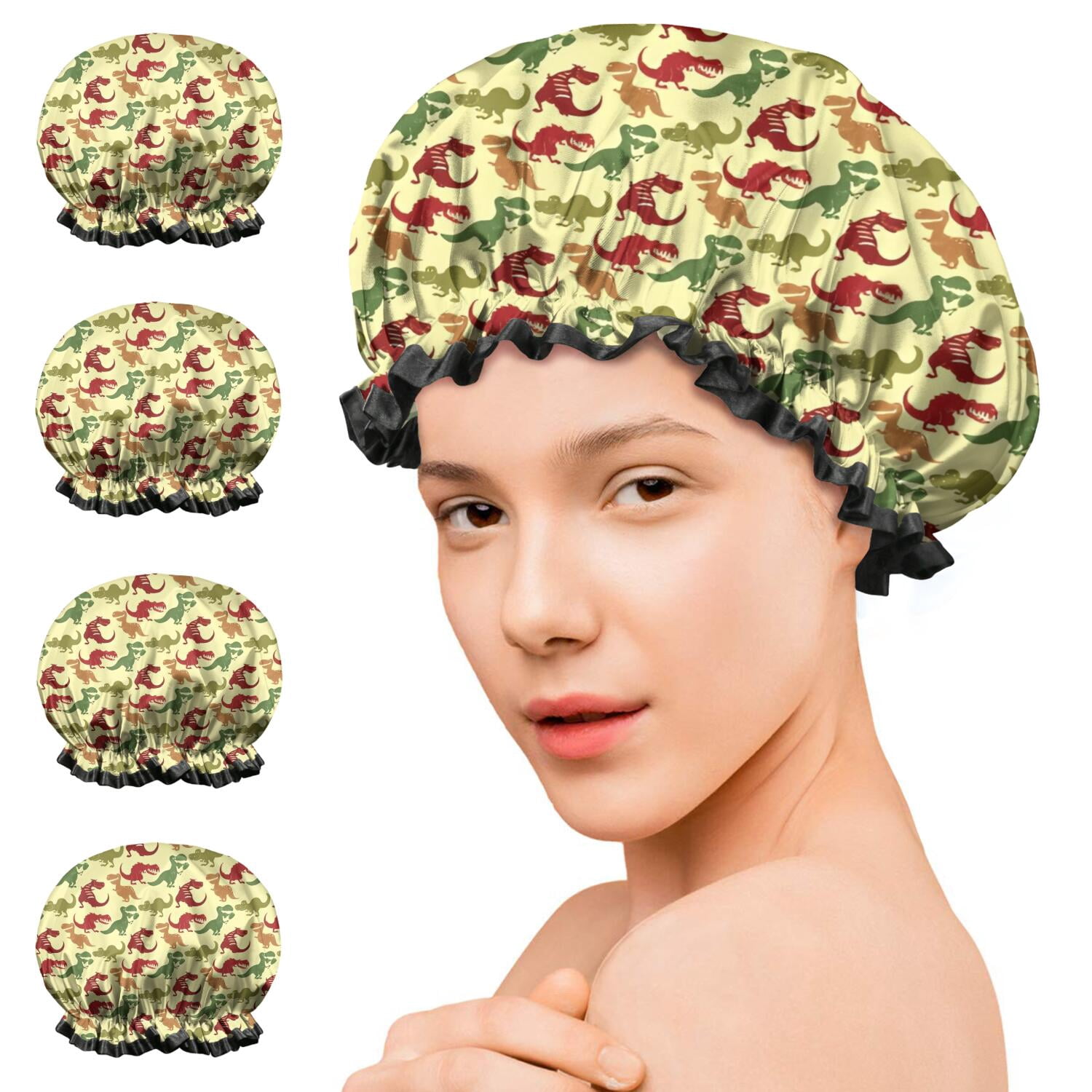 Shower Caps,Yellow Cartoon Dinosaurs Pattern Waterproof Shower Cap for Women 4 Pieces,Double Reusable Hair Cover for Shower PEVA Elastic Stretch Hem