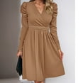thumbnail image 6 of Solid Color V-Neck Wrap Dress for Women Long Sleeve Knee Length Dress Slim Waist Pleated Casual Short Dress, 6 of 8