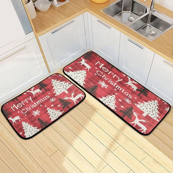 Kitchen Rugs and Mats【2 PCS】Non Skid Dark Red Plaid and Reindeer Creative Kitchen Mat