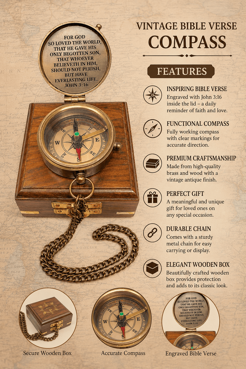 Engraved Brass Compass with Wooden Display Box – John 3:16 Bible Verse Religious Gift – Antique Style Nautical Pocket Compass for Baptism, Confirmation, or Missionary Gift