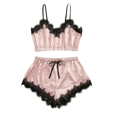 

YWDJ Womens Pajamas Women Sleepwear Sleeveless Strap Nightwear Lace Trim Satin Cami Top Pajama Sets Pink XXXL
