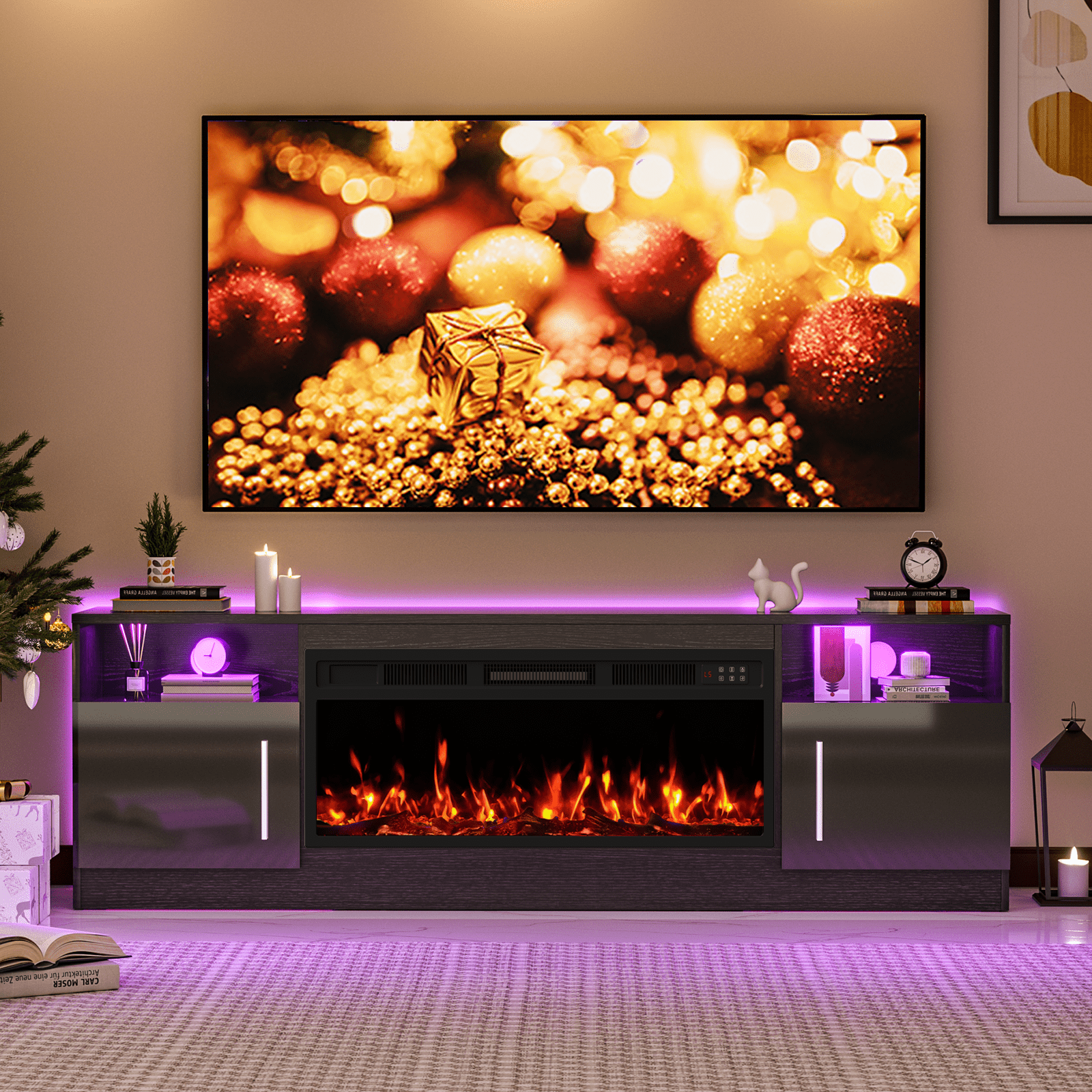 Waleaf Fireplace TV Stand with 36" White Electric Fireplace for TVs Up to 80",70" Modern Wood Media TV Console with Fireplace for Living Room