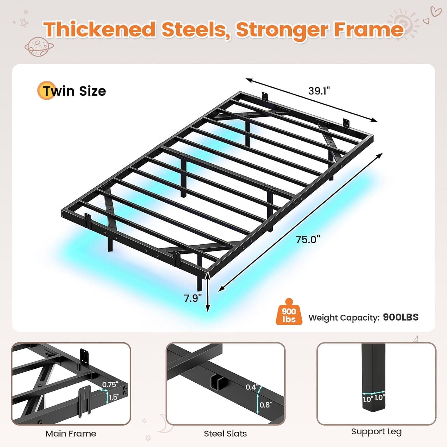 Floating Bed Frame Twin Size Metal Platform Bed with LED Lights for Bedroom, No Box Spring Needed, Black