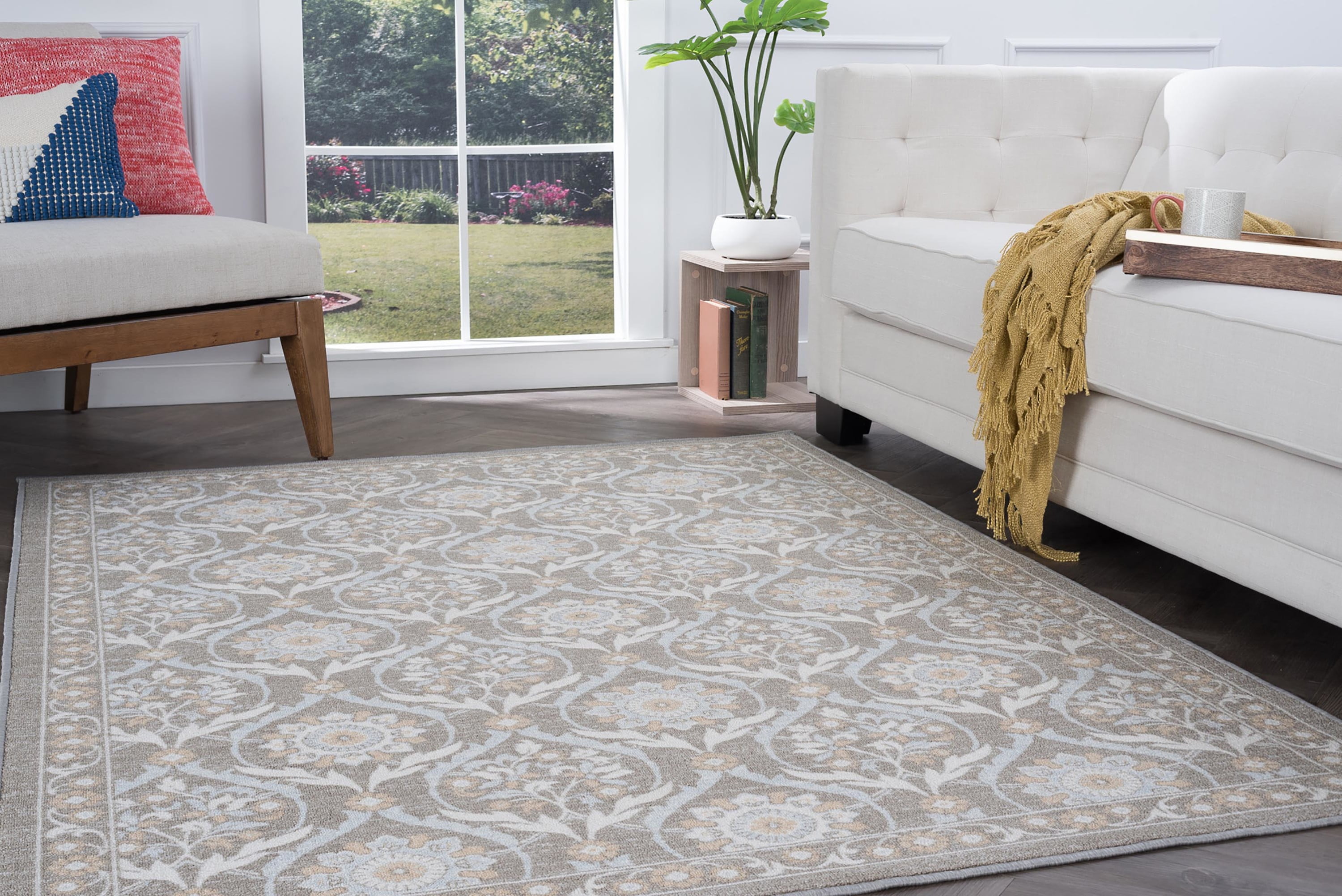 Transitional 5x7 Area Rug (5' x 7') Floral Taupe, Gold Living Room Easy to Clean