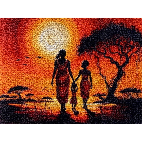 African Tribe Woman & Child Landscape Latch Hook Kits Rug DIY Cushion Tapestry Making Crochet Hook Mat Making Kits Color Preprinted Pattern Canvas DIY Carpet Needlework Crochet Kits 52x38cm (f33-27)