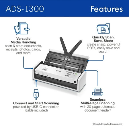 Brother - ADS-1300 Compact Duplex Desktop Scanner with Single Pass Double-Sided Scanning - White