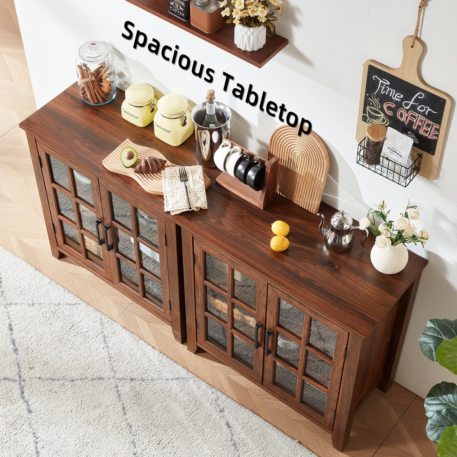 31.5" Rustic Buffet Cabinet with 2 Glass Doors, Compact Sideboard Kitchen Storage Cabinets Coffee Bar Cabinet for Living Room, Brown